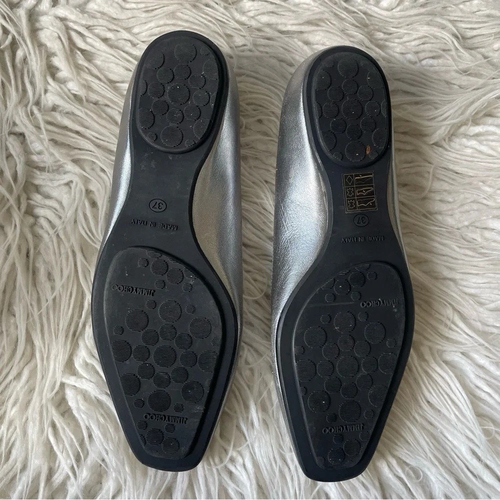 Jimmy Choo Watson Silver Metallic Calf Leather Studded Accents Ballet Flats 37
